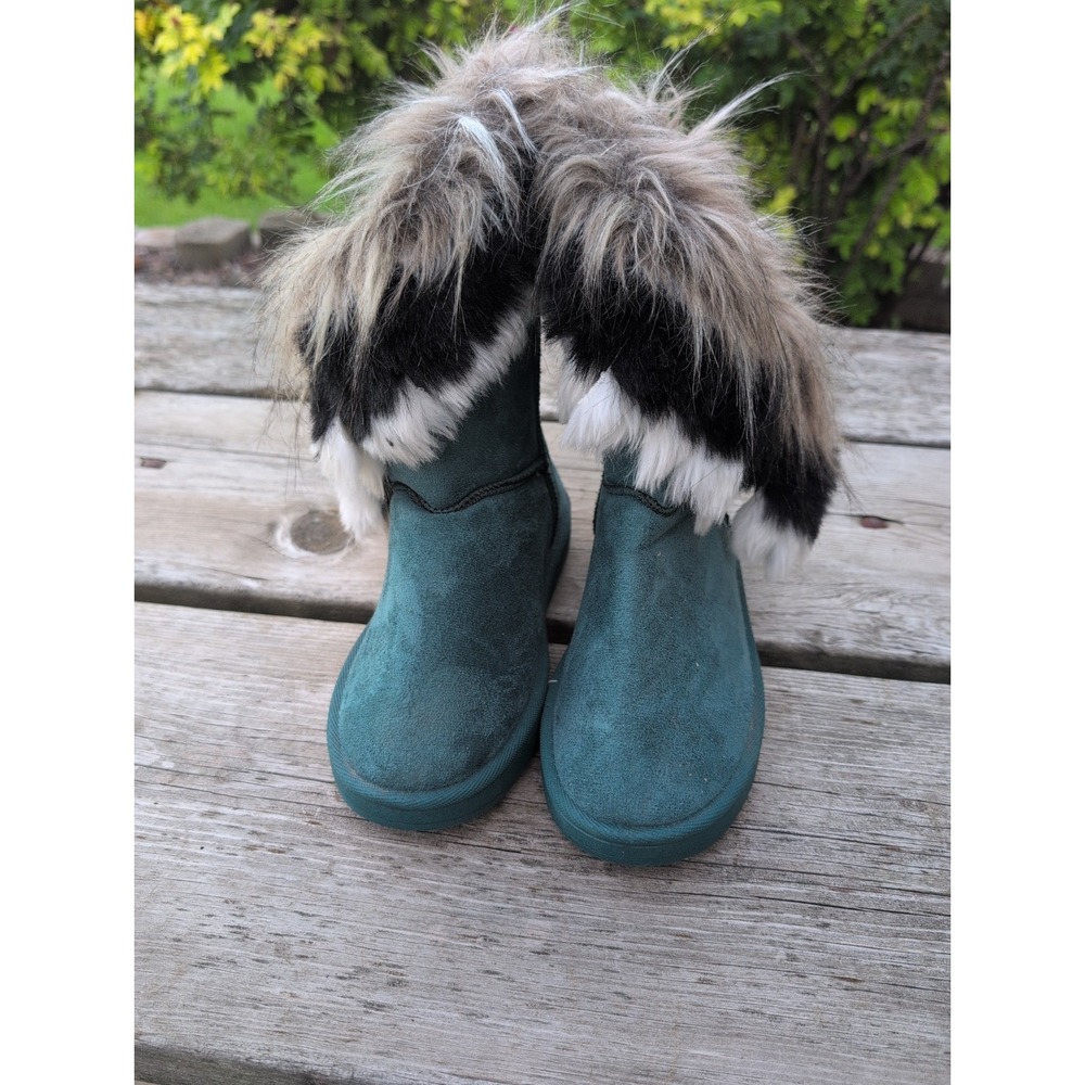 Fashion Teal Suede Mid-Calf Bootie Round Toe Slip On Fur Trim Sz9 EU 41 Women's